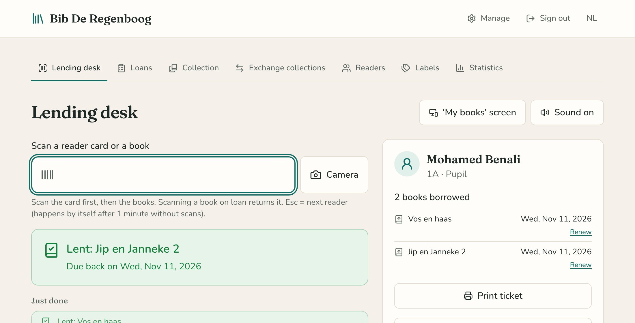 The lending desk: a pupil at the desk, with two books just lent and their due dates.
