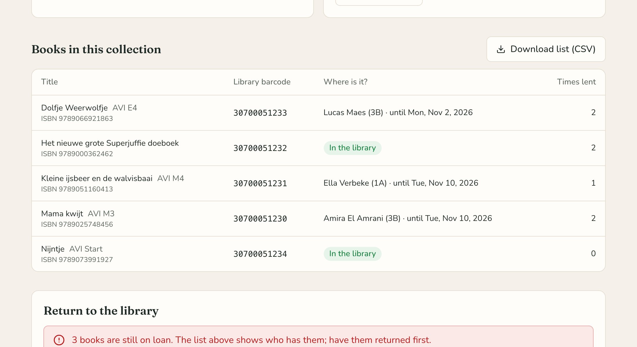 An exchange collection with its books and where they are.