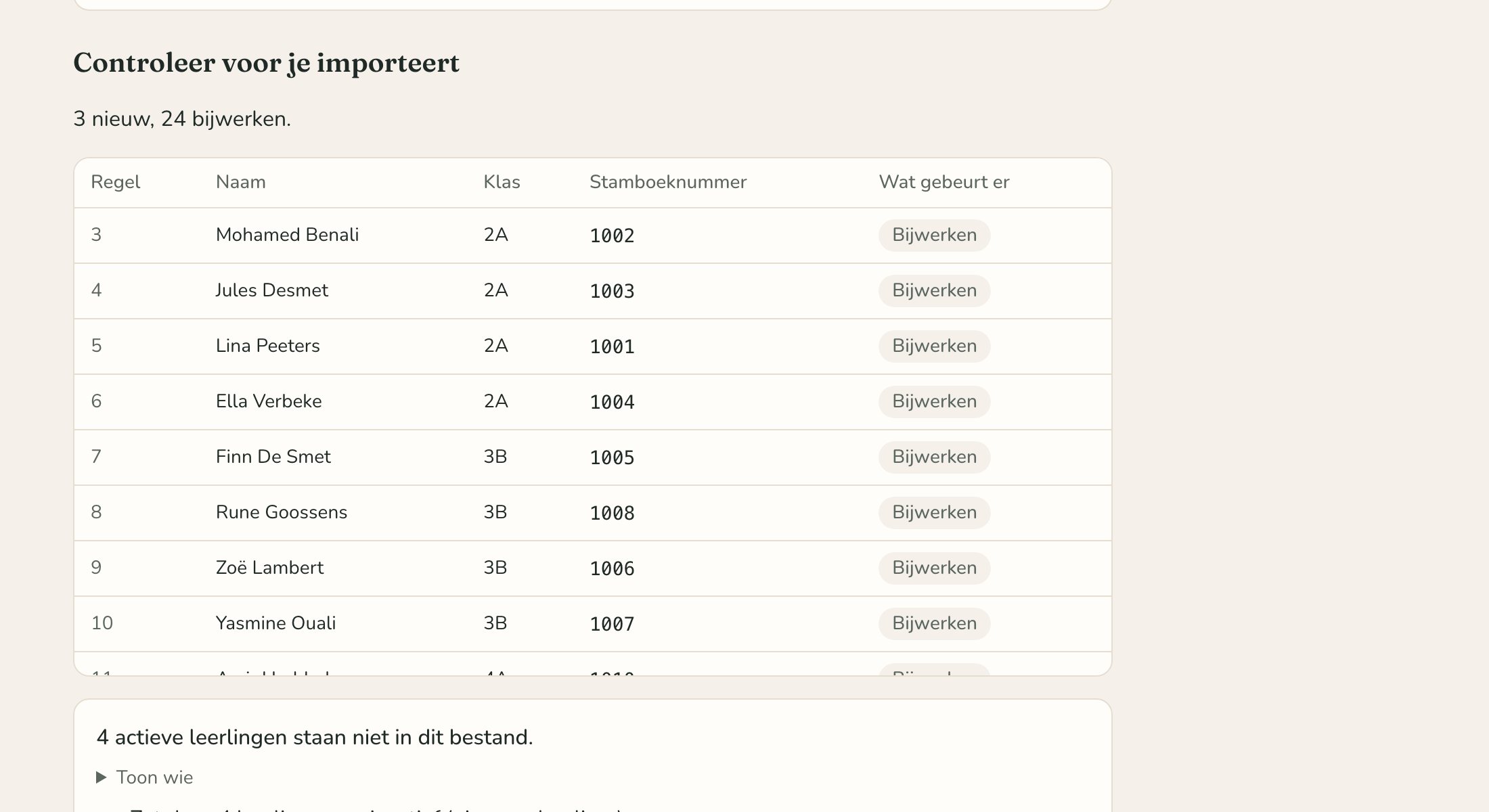 De import van een leerlingenlijst met een overzicht van wat er verandert.